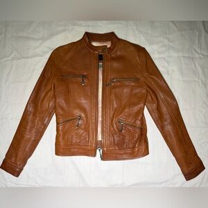 Women's Light Brown 100% Leather Moto Jacket with Zip Pockets